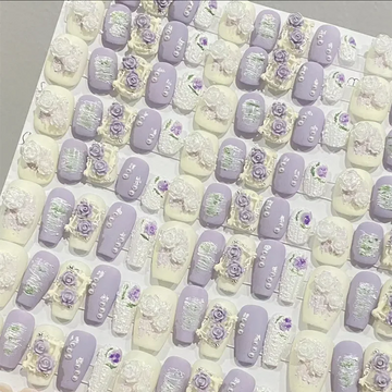 Qfdian Oil Painting Handmade Press on Nails Gypsum Purple Flower False Nails Designed Fake Nails Girly Dreamy Coffin Fingernail Tips